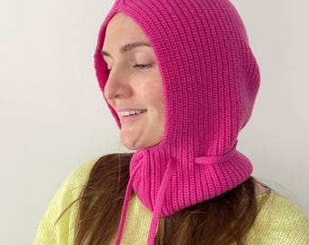 Pink Knit Hood: Merino Cashmere Blend, Ribbed Balaclava