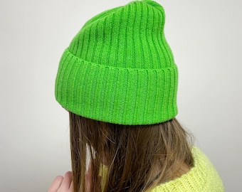 Handknit Neon Lime Green Wool Beanie - Slouchy Cashmere Blend