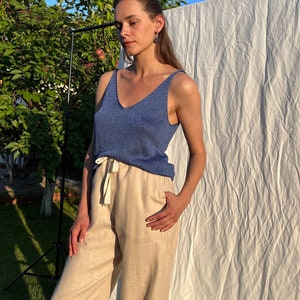 Blue pure silk hand knitted top. Silk knitted camisole for women. Deep V neck and back hand knit top. Spaghetti strap singlet top. image 3