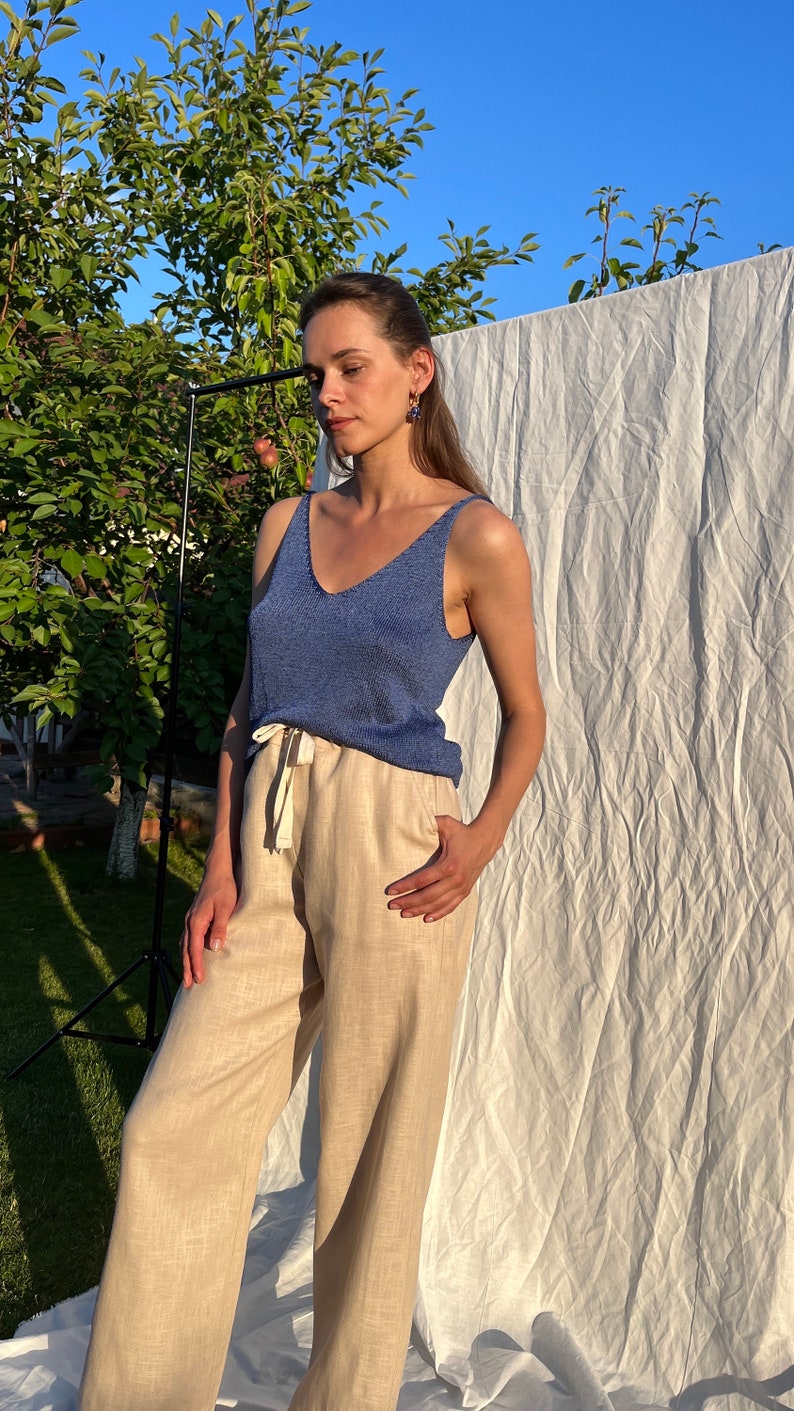 Blue pure silk hand knitted top. Silk knitted camisole for women. Deep V neck and back hand knit top. Spaghetti strap singlet top. image 3