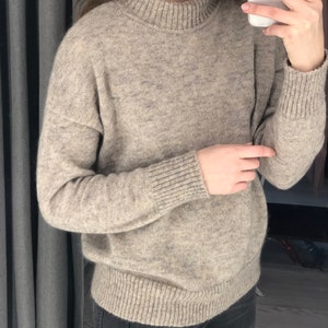 Beige knitted turtleneck wool sweater. Handmade knit jumper for women. Knitted classic mohair pullover. Chunky knit sweater image 9