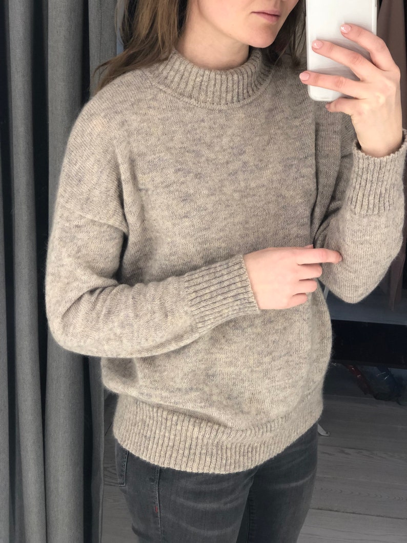 Beige knitted turtleneck wool sweater. Handmade knit jumper for women. Knitted classic mohair pullover. Chunky knit sweater image 9