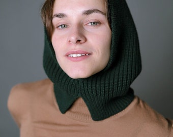 Emerald Green Knit Hood: Merino Wool Cashmere Blend Cowl
