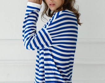 Blue breton striped linen knitted sweater for women. Oversize drop shoulder long sleeve knit jumper. Boat neck organic cotton pullover top