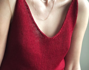 Débardeur tricoté en lin Haut d'été Haut en lin rouge Haut végétalien Débardeur tricoté pour femme
