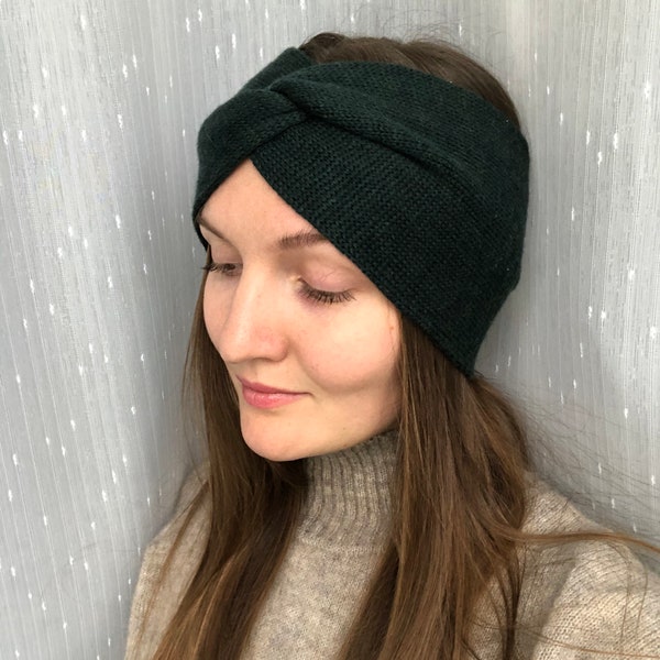 Emerald green stretchy twist headband with top knot for women. Alpaca angora wool twisted head band. Handmade knit turban headpiece