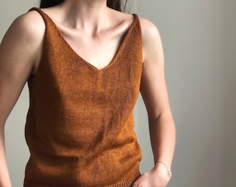 Terracotta linen knitted top Linen knitted tank top Deep V neck knitted top Organic cotton knitted top Spaghetti strap linen knitted top