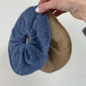 Denim blue mohair scrunchie. Silk mohair alpaca scrunchie. Elegant hair accessory. Fluffy hair tie. Best present for her.