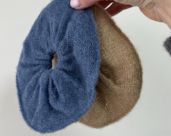 Handmade Knit Mohair Scrunchie: Denim Blue, Elegant Hair Tie