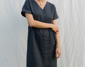 Dark blue linen dress with buttons and belt for women. Swing checkered V neck dress. Tea length summer casual gown.