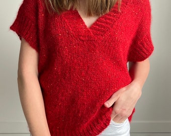 Rood mohair gebreid vest Alpaca gebreid truivest Diep gebreid vest met V-hals Oversized truivest Grof gebreid damesvest