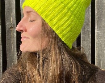 Neon yellow wool knitted chunky hat for women. Handknit angora wool slouchy beanie. Handmade yellow wool knit hat