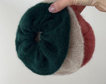 Hand-Knitted Mohair Silk Scrunchies Set, Zero Waste Hair Ties