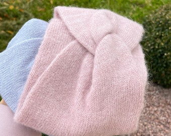 Dusty pink fluffy stretchy twist headband with top knot for women. Alpaca angora wool twisted head band. Handmade knot turban headpiece