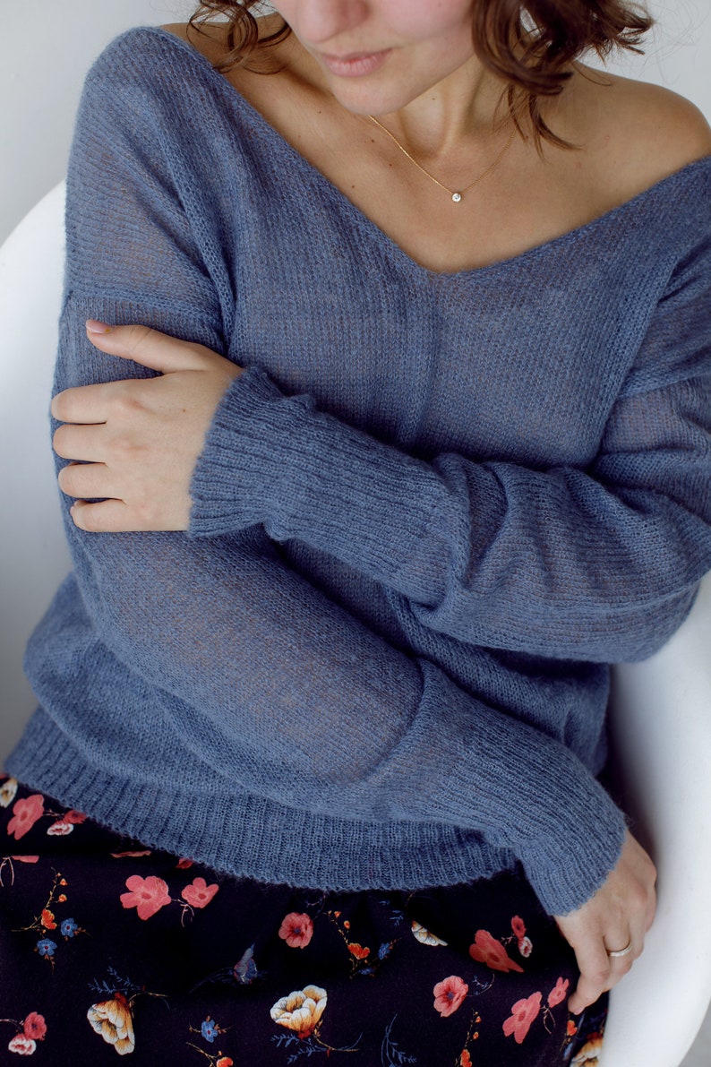 Blue mohair knitted sweater Seethrough knitted sweater V neck Etsy