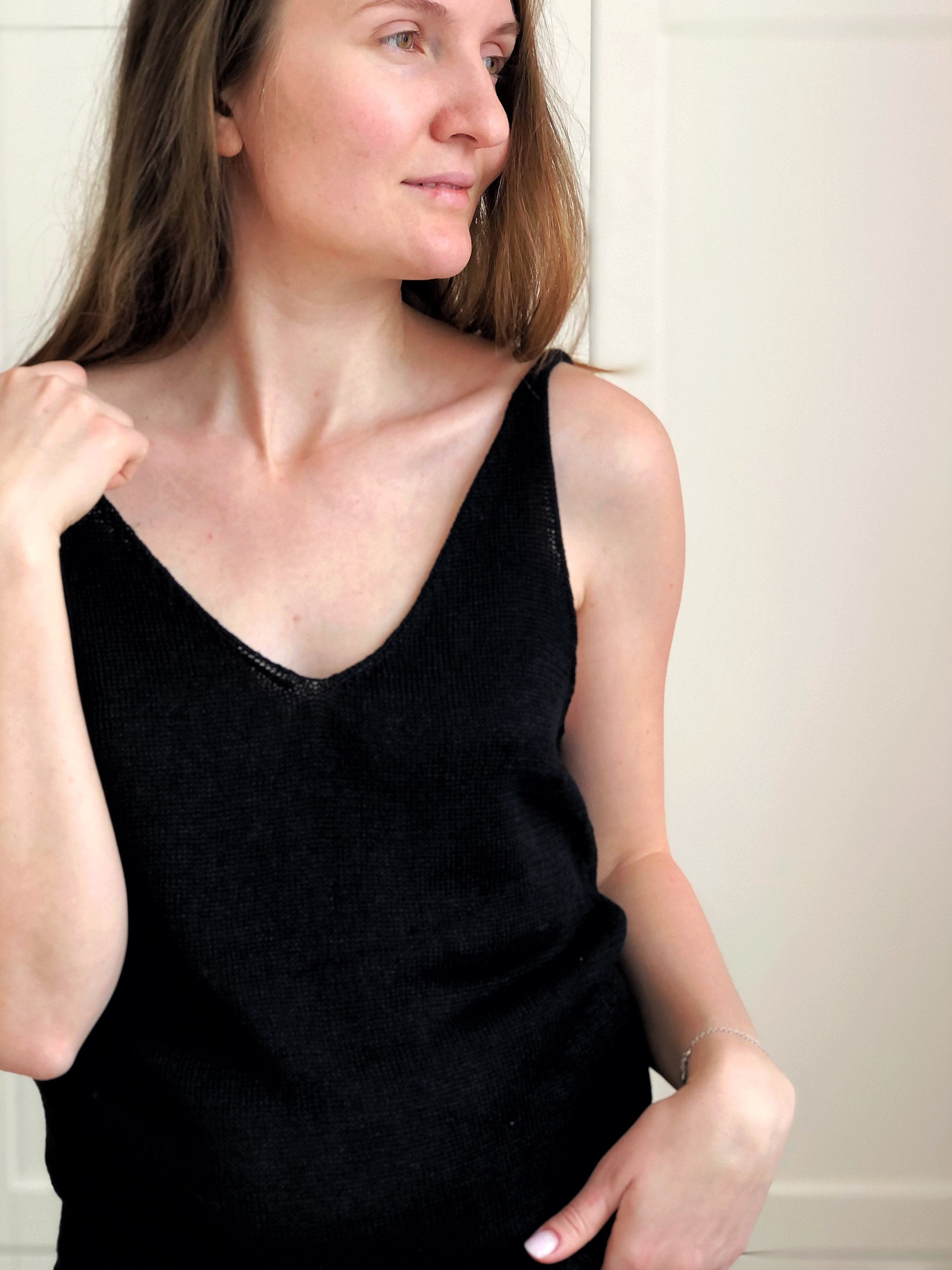 Black Linen Knitted Tank Top With 