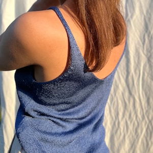 Blue pure silk hand knitted top. Silk knitted camisole for women. Deep V neck and back hand knit top. Spaghetti strap singlet top. image 7