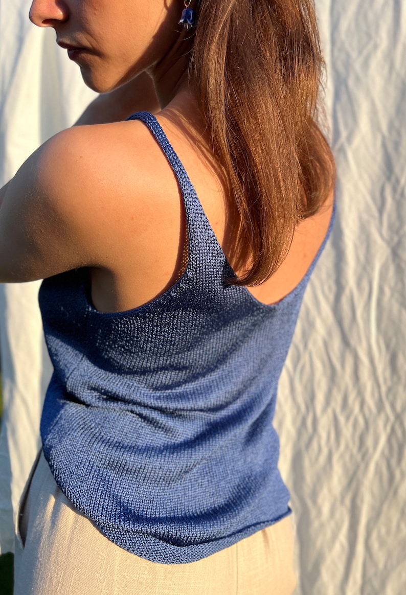 Blue pure silk hand knitted top. Silk knitted camisole for women. Deep V neck and back hand knit top. Spaghetti strap singlet top. image 7