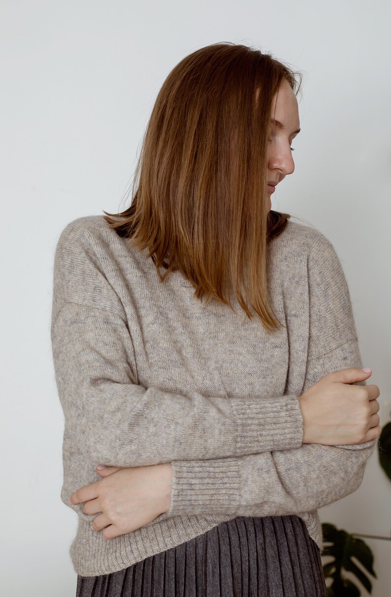 Beige knitted turtleneck wool sweater. Handmade knit jumper for women. Knitted classic mohair pullover. Chunky knit sweater image 3