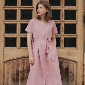 Pink linen dress with buttons and belt for women. Swing V neck dress with belt. Tea length summer casual gown. Loose shirt organic dresses image 1