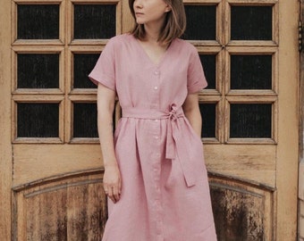 Pink linen dress with buttons and belt for women. Swing V neck dress with belt. Tea length summer casual gown. Loose shirt organic dresses