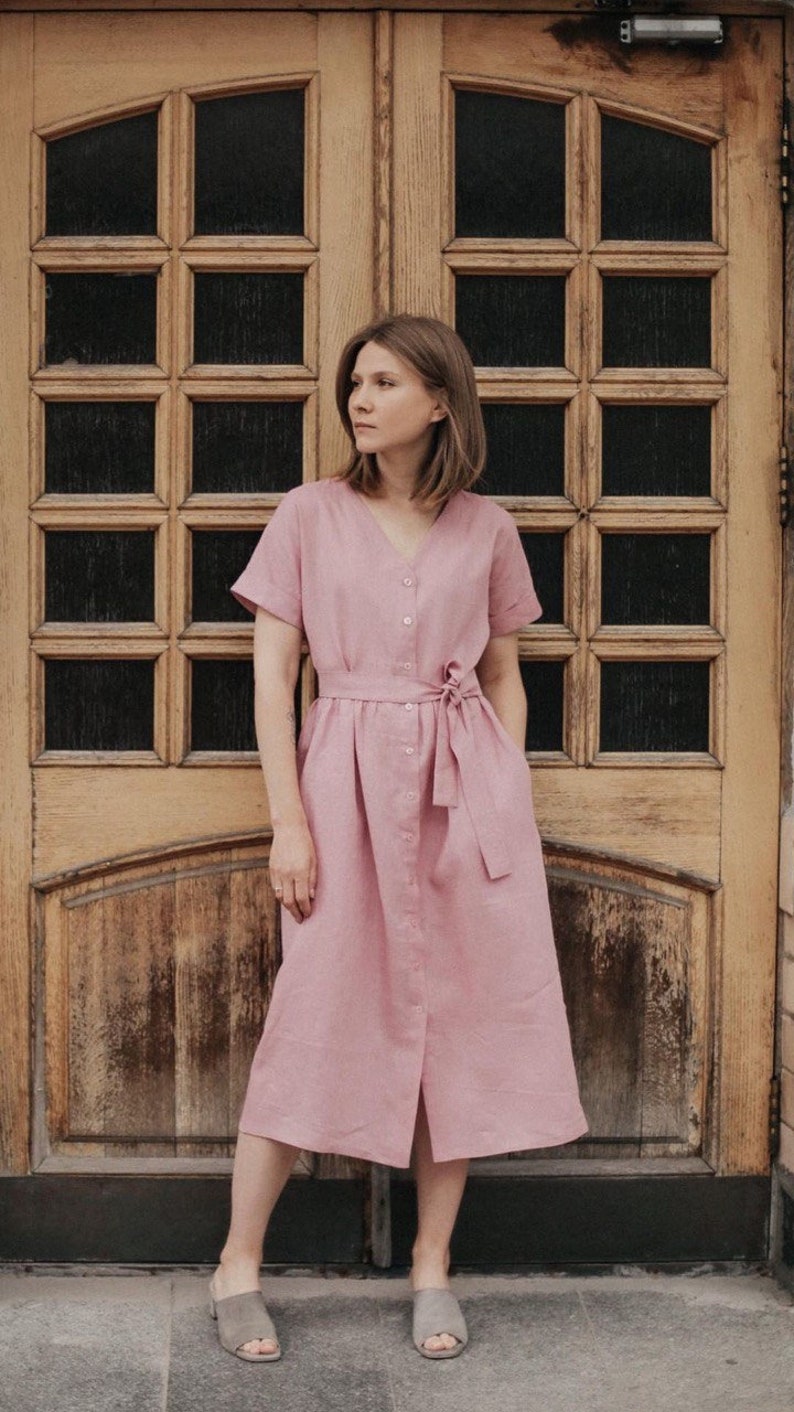Pink linen dress with buttons and belt for women. Swing V neck dress with belt. Tea length summer casual gown. Loose shirt organic dresses image 1