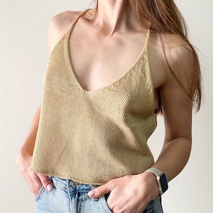 Linen hand knitted tank top for women. Gold beige boho knit singlet. Deep V neck organic flax camisole. Summer light clothing womens gift