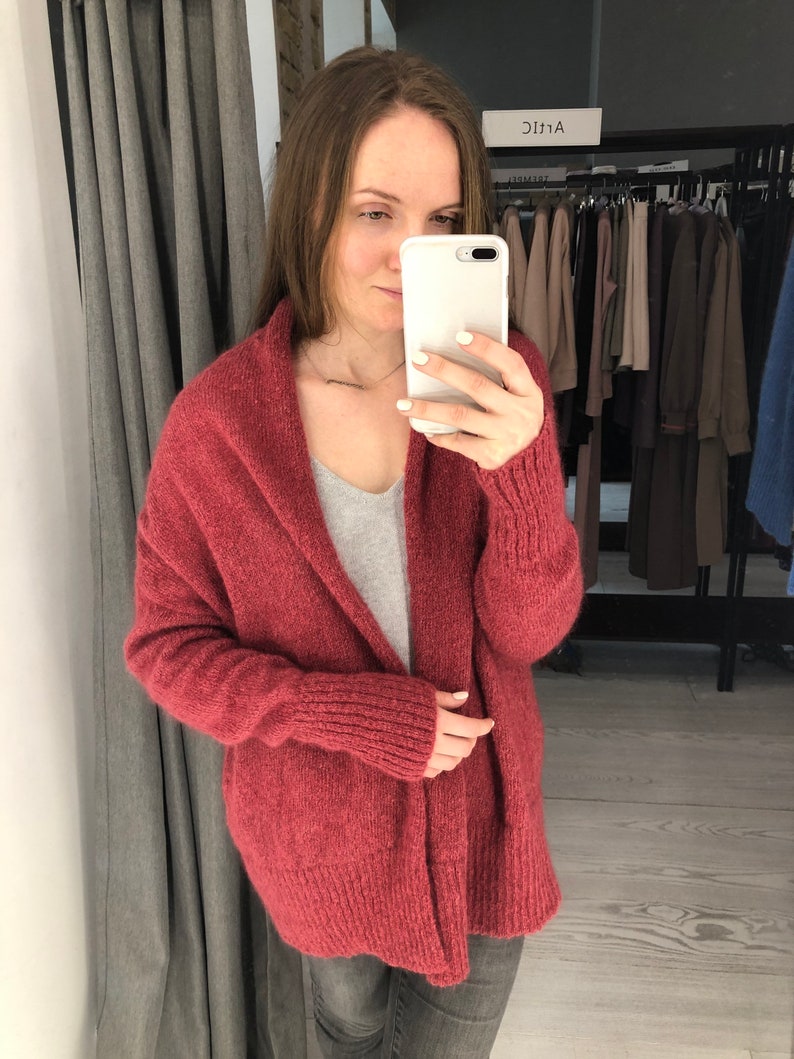Red mohair mesh cardigan with lurex. Slouchy shawl collar alpaca knit duster coat for women. Burgundy open knitted women's wool cocoon image 2