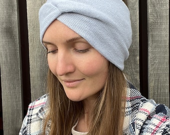 Light blue cashmere merino wool stretchy twist headband with top knot for women. Merino wool twisted head band. Handmade knot turban