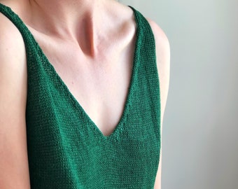 Emerald green organic linen knitted top. Silk knitted tank top for women. Deep V neck and back hand knit top. Spaghetti strap singlet top