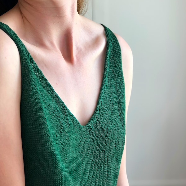 Emerald green organic linen knitted top. Silk knitted tank top for women. Deep V neck and back hand knit top. Spaghetti strap singlet top