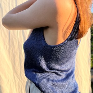 Blue pure silk hand knitted top. Silk knitted camisole for women. Deep V neck and back hand knit top. Spaghetti strap singlet top. image 9