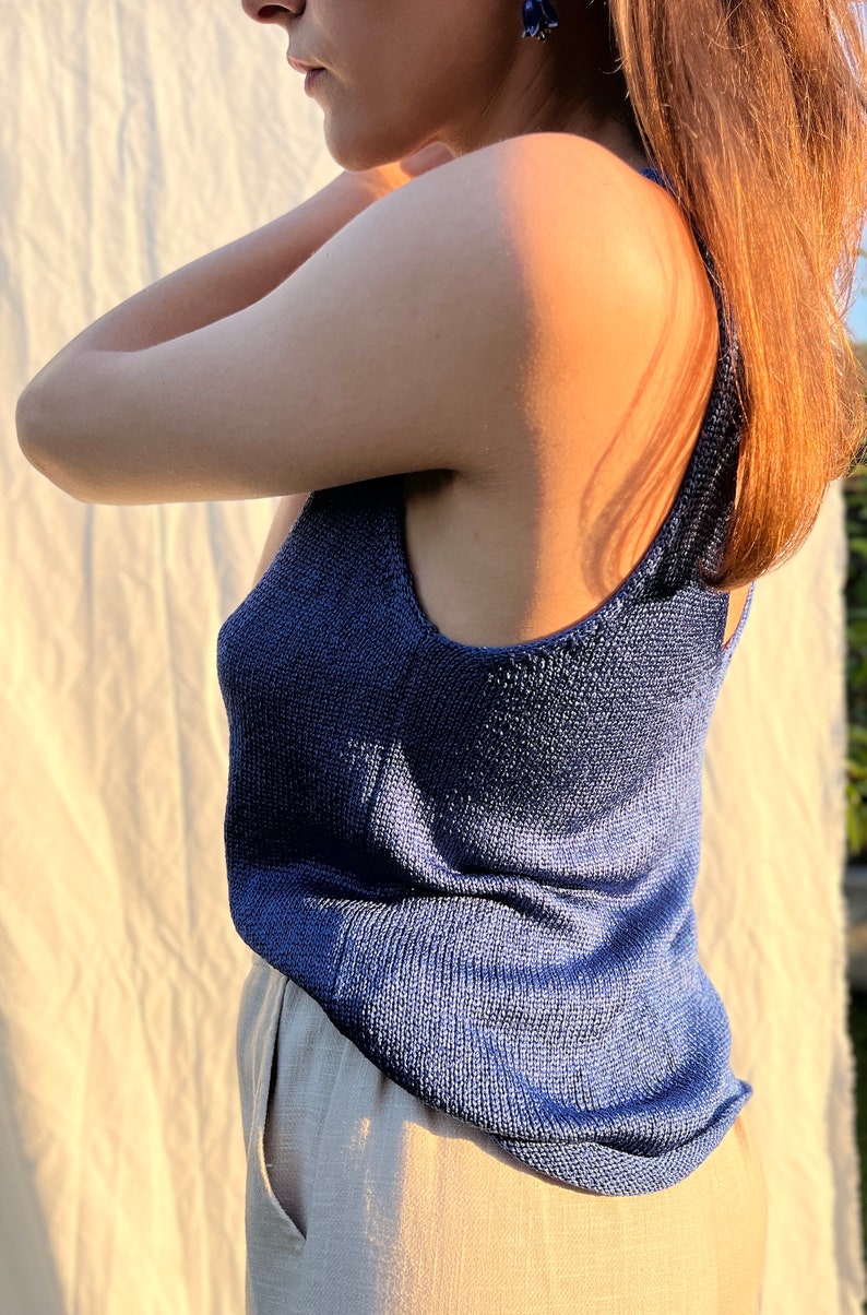 Blue pure silk hand knitted top. Silk knitted camisole for women. Deep V neck and back hand knit top. Spaghetti strap singlet top. image 9