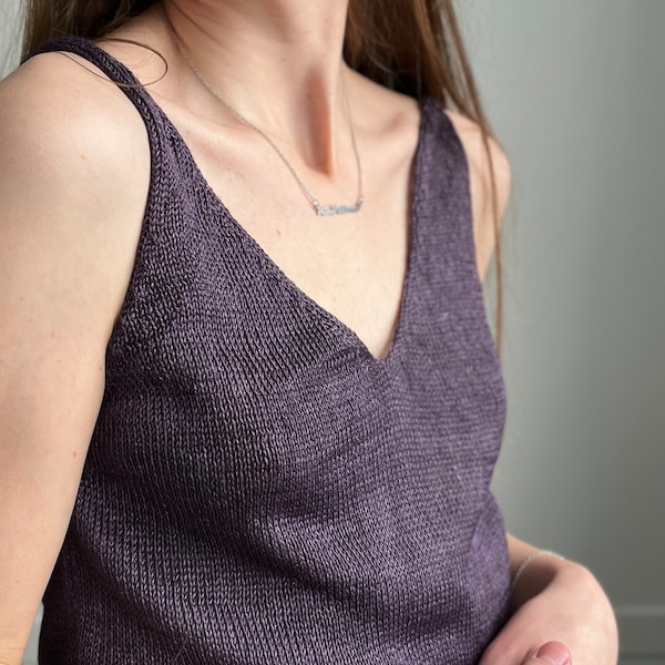 Violet organic linen knitted top. Purple silk knitted tank top for women. Deep V neck and back hand knit top. Spaghetti strap singlet top