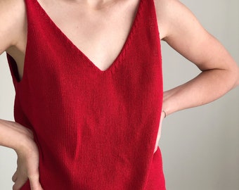 Spaghetti straps sleeveless womens linen knit top in hot red color. V neck knitted summer cami top for women. Organic cotton clothing gift