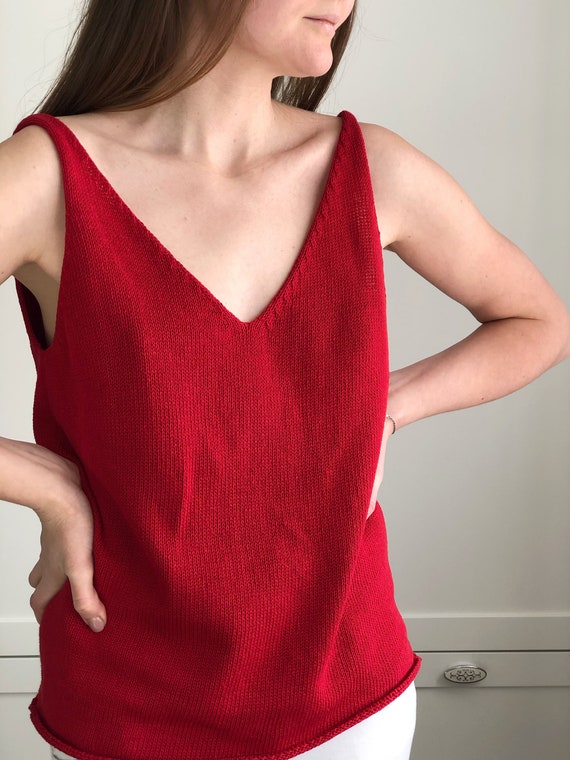 Spaghetti Straps Sleeveless Womens Linen Knit Top in Hot Red Color. V Neck  Knitted Summer Cami Top for Women. Organic Cotton Clothing Gift 