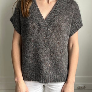 Grey mohair knit vest. Alpaca knitted sweater vest. Deep V neck knit vest. Oversized sweater vest. Chunky knit women vest