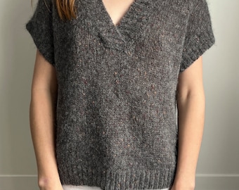Grey mohair alpaca knitted vest. Deep V neck knit vest.