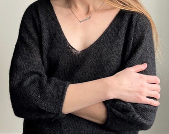 Black Mohair Silk Knit Sweater, Warm Sheer Pullover