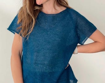 Hand-Knitted Mohair Silk Sweater: Green-Blue Mesh Pullover
