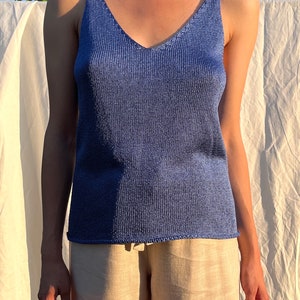 Blue pure silk hand knitted top. Silk knitted camisole for women. Deep V neck and back hand knit top. Spaghetti strap singlet top. image 4