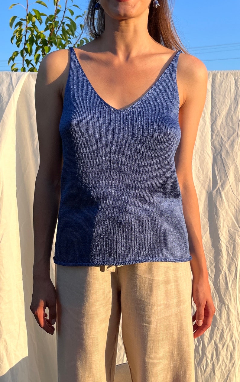 Blue pure silk hand knitted top. Silk knitted camisole for women. Deep V neck and back hand knit top. Spaghetti strap singlet top. image 4