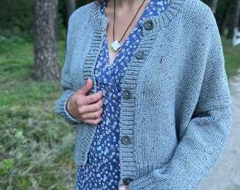 READY TO SHIP Gray blue silk cotton hand knit cardigan. Button down cardigan. Crew neckline cocoon cardigan. Chunky knit tweed cardigan