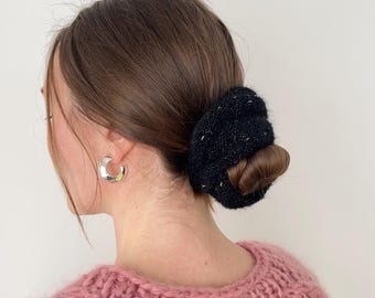 Handmade Black Mohair Scrunchie: Gold Lurex Knit Hair Tie