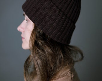 Handknit Brown Wool Beanie, Cashmere Blend Slouchy Hat