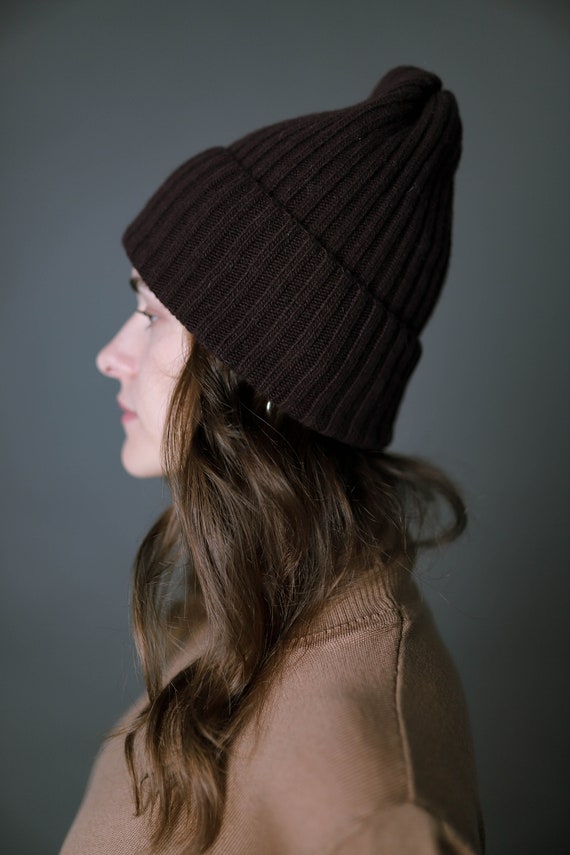 Bonnet D'hiver Femme Tricot Main Vert Et Marron - Style Beanie, Occasion, Fait Main