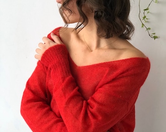 Roter Mohair-Mesh-Pullover Handgestrickter Mohair-Pullover See-Through-Pullover Mohair-Pullover Strickpullover