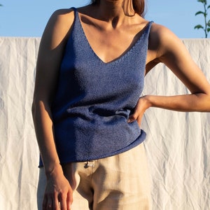 Blue pure silk hand knitted top. Silk knitted camisole for women. Deep V neck and back hand knit top. Spaghetti strap singlet top. image 2