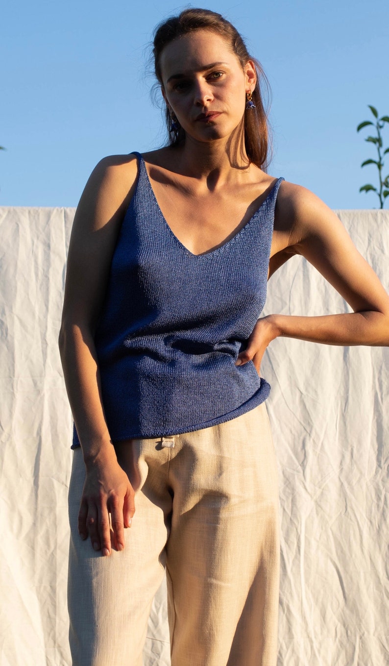 Blue pure silk hand knitted top. Silk knitted camisole for women. Deep V neck and back hand knit top. Spaghetti strap singlet top. image 2