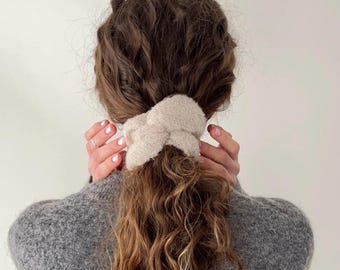 Handmade Beige Mohair Knit Scrunchie, Elegant Fluffy Hair Tie
